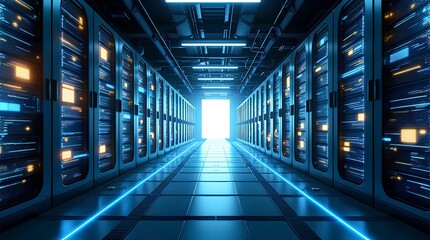 Shot of Corridor in Working Data Center Full of Rack Servers Supercomputers with Internet connection Visualisation Projection, computer science server machine learning hard disk drive cloud database.