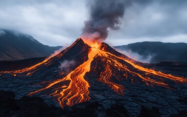 Active volcano eruption with flowing lava and smoky sky.