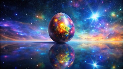 Fototapeta premium Colorful space scene with easter egg on reflective surface and stars reflecting underneath