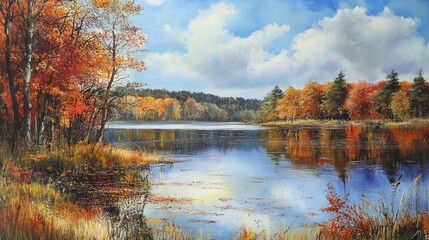 Fototapeta premium A serene lake surrounded by vibrant autumn foliage under a blue sky with fluffy white clouds. The water is calm and reflects the colors of the trees.