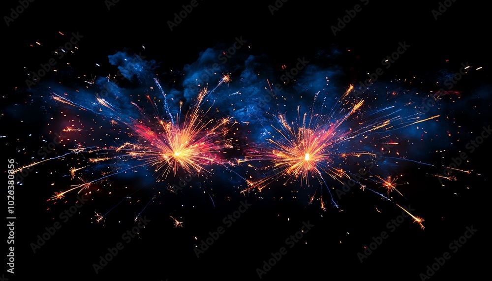 Wall mural Joyful explosions of fireworks illuminating the night, vibrant streaks of red, blue, and gold, perfect for holiday events and celebrations