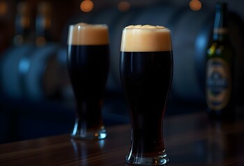 A close-up of a tall beer glass filled with a deep brown stout, the creamy head spilling slightly over the rim, set against a backdrop of a dark bar create with ai