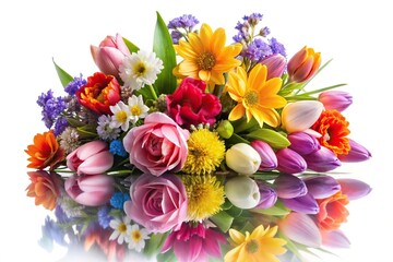 Obraz premium Colorful spring flowers bouquet on a white background, reflected