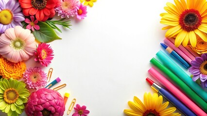 Fototapeta premium Colorful stationery and floral elements on a white background close-up