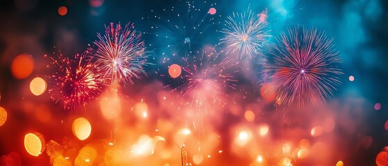 Fototapeta premium A night sky filled with fireworks bursting in colorful patterns, casting bright light over a lively holiday celebration