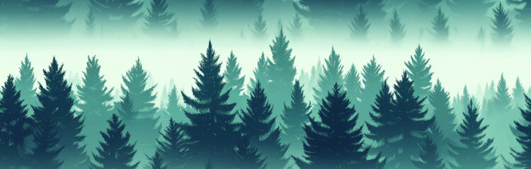 Obraz premium Seamless natural panoramic background, misty landscape with fir forest, hipster vintage retro style