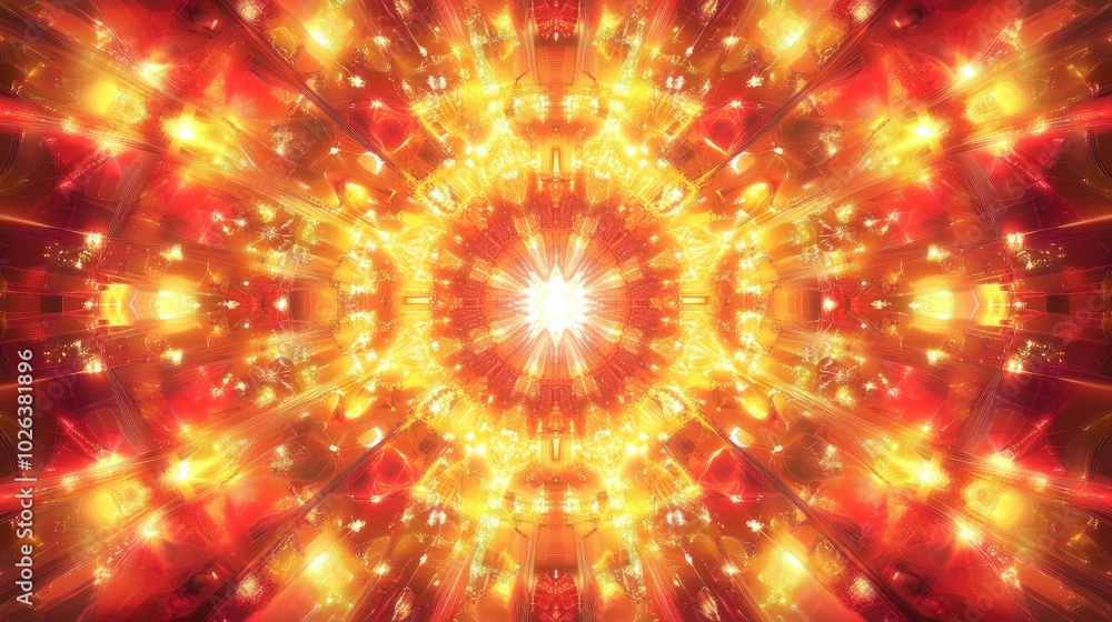 Poster abstract symmetrical pattern with glowing red and yellow lights creating a mandala design.