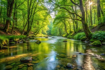 Fototapeta premium Tranquil forest stream with clear flowing water and verdant surroundings