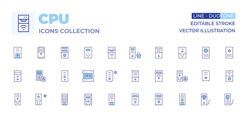 CPU icons collection. Line Duotone style, editable stroke. case, desktop, datastorage, cpu, cputower