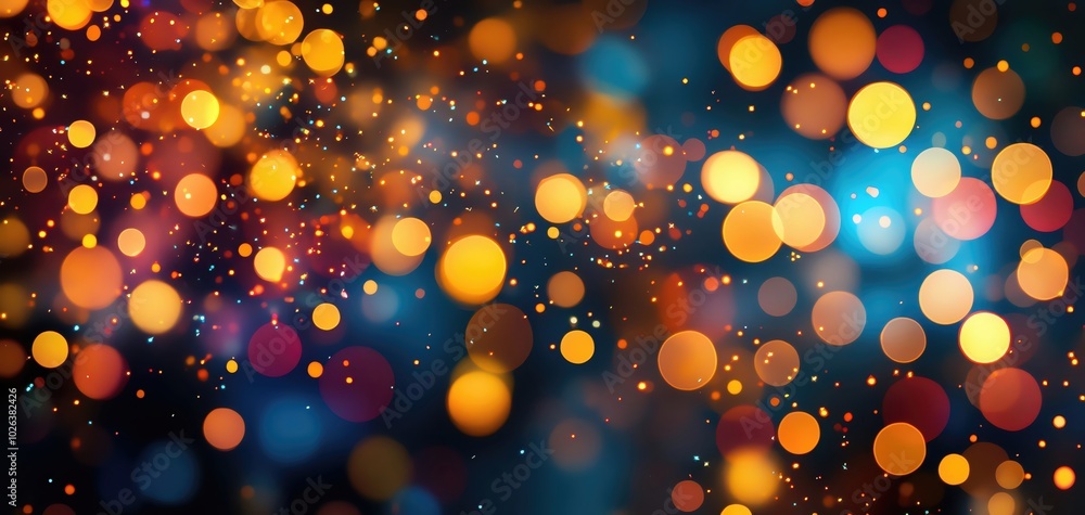 Poster colorful bokeh lights creating a festive atmosphere on a dark background.