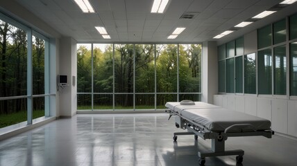 Fototapeta premium An empty examination room with a large window overlooking a wooded area.