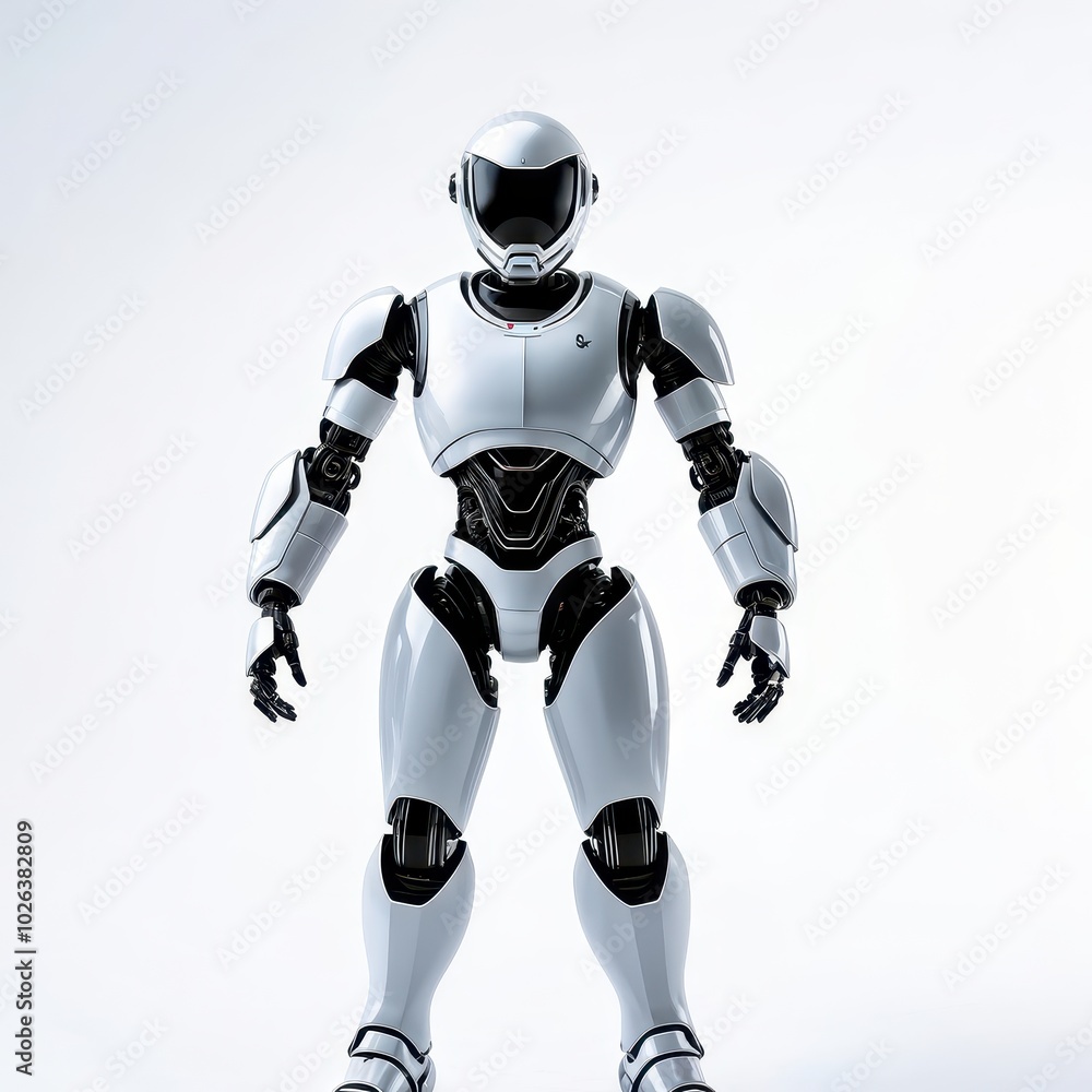 Poster a humanoid robot with a sleek, white design, showcasing advanced technology and robotics.
