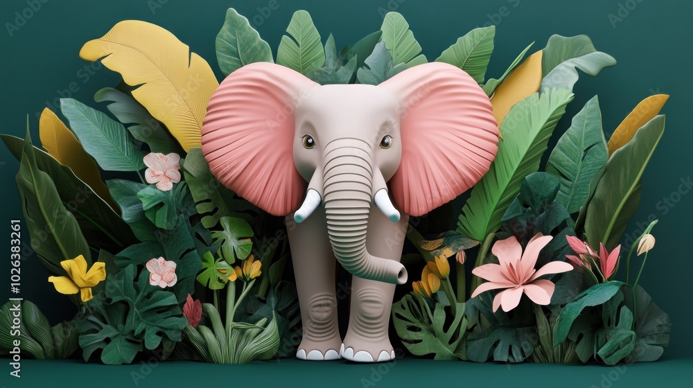 Poster A 3D rendering of a grey elephant with pink ears standing in front of a jungle foliage background.