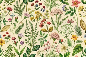 Vintage botanical floral seamless pattern with herbs and leaves background, reflected