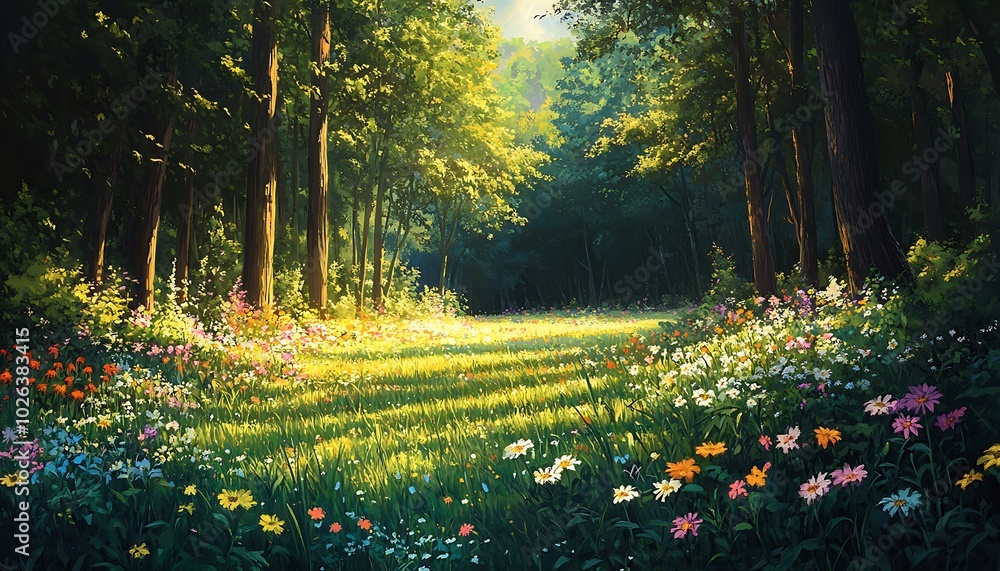 Poster a serene forest scene featuring vibrant wildflowers and soft sunlight filtering through lush trees.