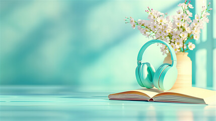A stylish pair of headphones is elegantly resting on top of an open book, which is conveniently placed next to a lovely vase filled with beautiful flowers, copy space