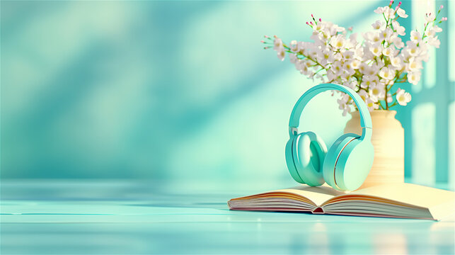 A stylish pair of headphones is elegantly resting on top of an open book, which is conveniently placed next to a lovely vase filled with beautiful flowers, copy space