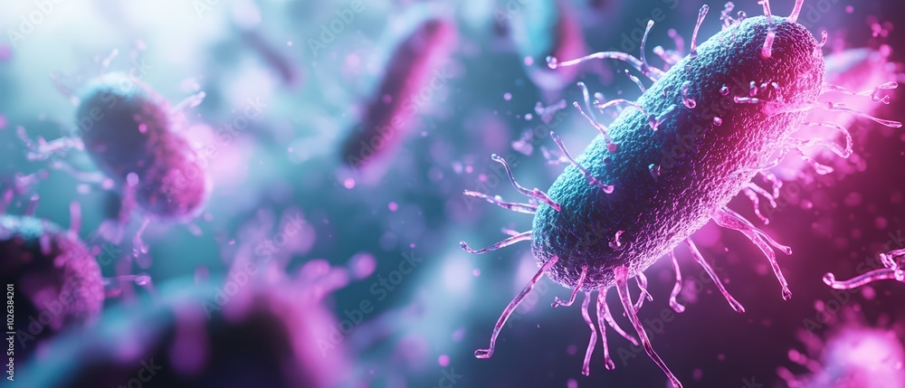 Poster vibrant and detailed close-up of bacteria, showcasing colorful structures and dynamic textures in a 