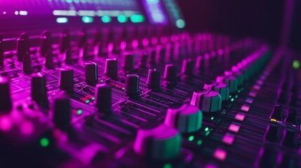 Obraz premium Close up of a soundboard mixing console with neon pink lighting.