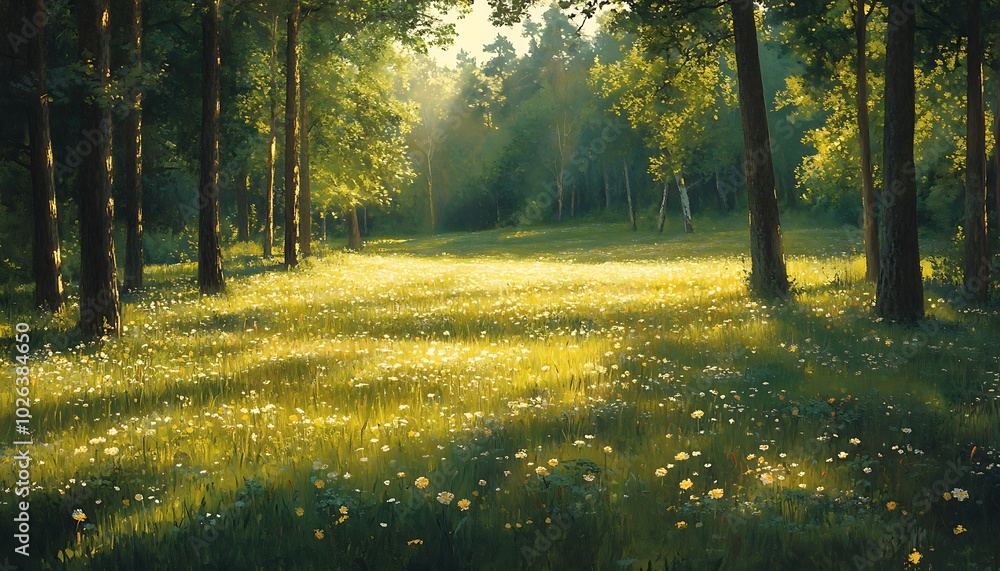 Poster a serene forest scene with sunlight filtering through trees, illuminating a grassy area dotted with 