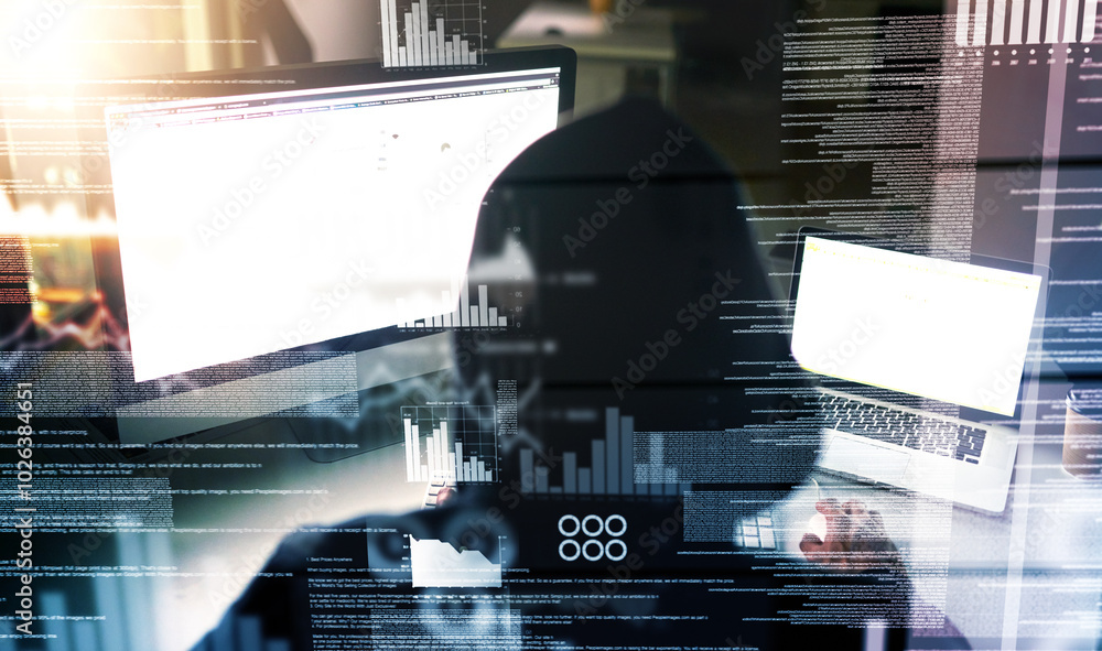 Poster Person, hacker and overlay with malware and virus installation for firewall bypass and hub. Database, back and dashboard with digital analytics and programming and cyber security crime on software