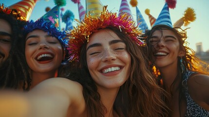 Fototapeta premium Friends Celebrating New Year's Eve with Party Hats and Noisemakers
