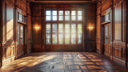 Fototapeta premium Elegant empty room with wooden paneling and large window emitting natural light and warmth