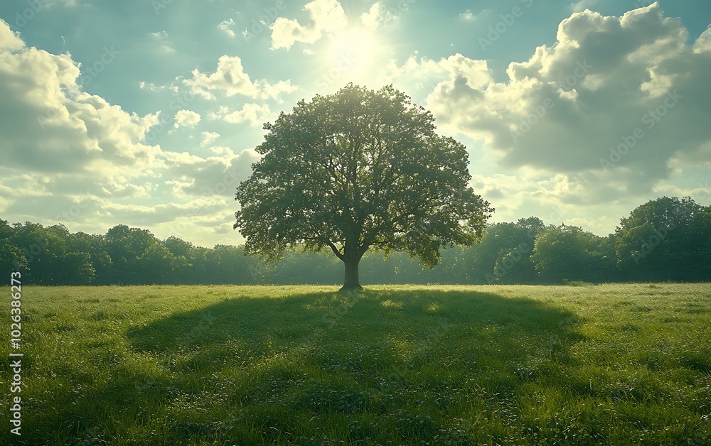 Poster a majestic tree stands alone in a sunlit field, surrounded by lush greenery and fluffy clouds, creat