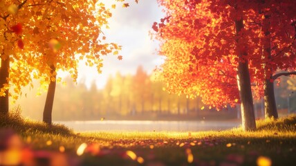 Golden Autumn Trees by the Lake in Glowing Sunlight - Made with Generative AI