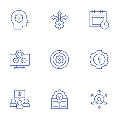 Manager icons set. Thin Line style, editable stroke. management, decision making, appointment, software testing, sustain, energy, money, idea, outsourcing