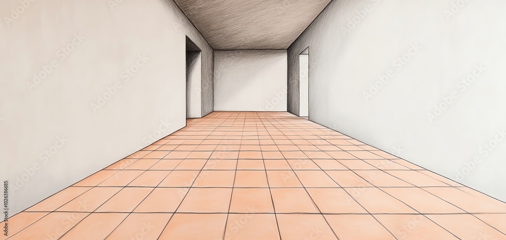 Poster empty hallway with tiled floor and plain walls, minimalist design and perspective view.