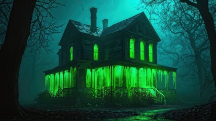 A haunted house illuminated in eerie green light amidst dark, foggy surroundings.