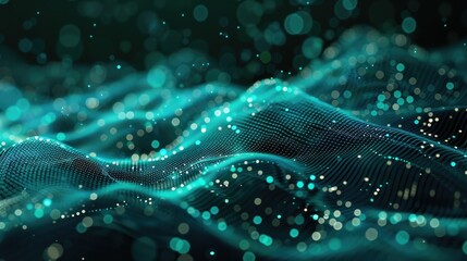 Abstract digital landscape with floating pixels