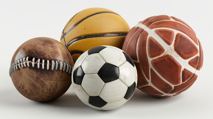 Realistic photo of a collection of sports balls including soccer, football, basketball, and more