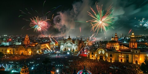 Panorama of a night city with  fireworks celebrating Mexican Independence Day