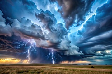 Ominous thunder clouds and lightning over prairies