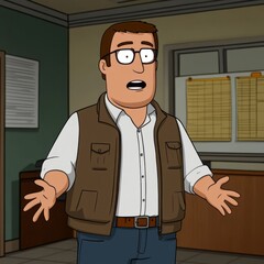 A cartoon character in an office setting, expressing surprise or confusion.