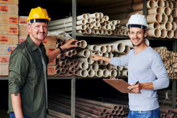 Team, plumbing and portrait of men with checklist in workshop, factory and production for...