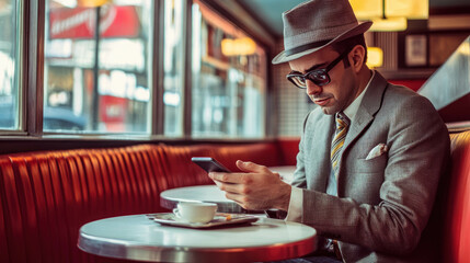 Stylish Man In Vintage Cafe Using Smartphone. Vintage Man In Classic Cafe