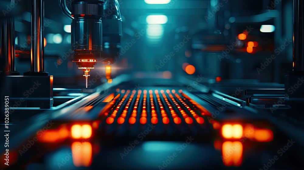 Poster close-up of automated factory machinery with glowing elements and cool lighting effects.