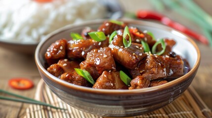Savor the flavor  vietnamese caramelized pork belly in rich sauce with rice and fresh garnishes