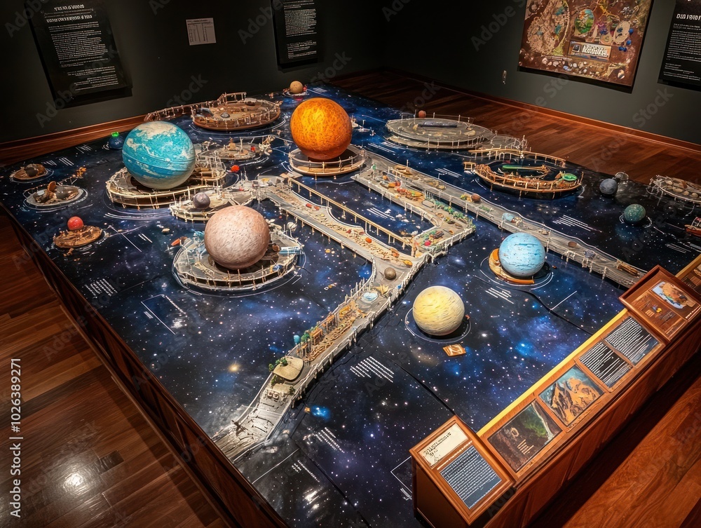 Poster a model of the solar system with planets and a space station on a table with a dark background and a