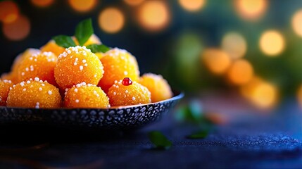 Delicious orange sweets on a plate, garnished with mint, blurred background.