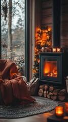 Burning fireplace warming a cozy living room with christmas decoration