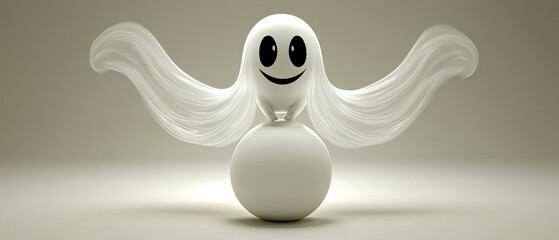 Obraz premium A white ghost with a big smile on its face is sitting on a white egg
