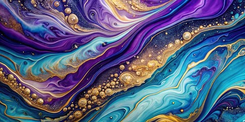 Opulent acrylic pour with swirling purples and blues accented by shimmering gold