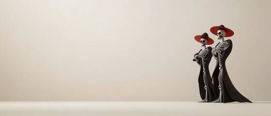 Two skeletons wearing red hats stand in front of a white wall