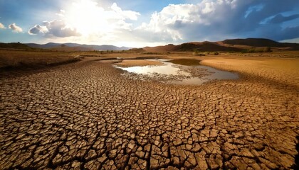  Severely dry wetland swamp and pond leading to cracked soil crust due to drought depicting 