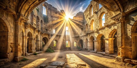 Fototapeta premium Sunlight piercing through an ancient ruined hall High Angle