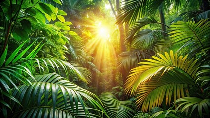 Fototapeta premium Warm sunlight filtering through dense tropical foliage creating forest bokeh background